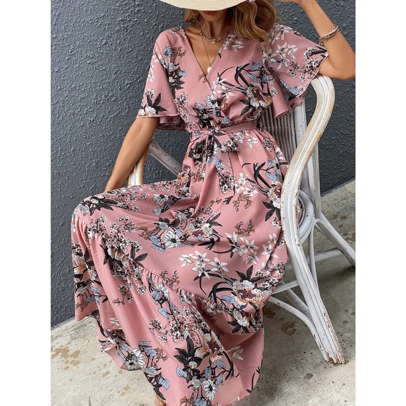 Surplice V Neck Floral Print Belted Short sleeve Maxi Dress pink - Picture 3 of 6